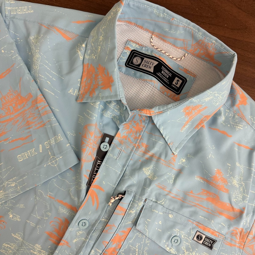 Salty Crew Pinnacle Technical Woven Tech Shirt Blue Mesh Lined Button Up Mens S